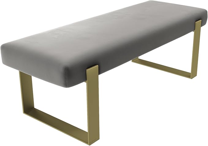 VANT Upholstered Bed Bench - Velvet Smoke Grey - Burnished Brass - Contemporary Modern, Bedroom Bench Seat, Hallway, or Entryway
