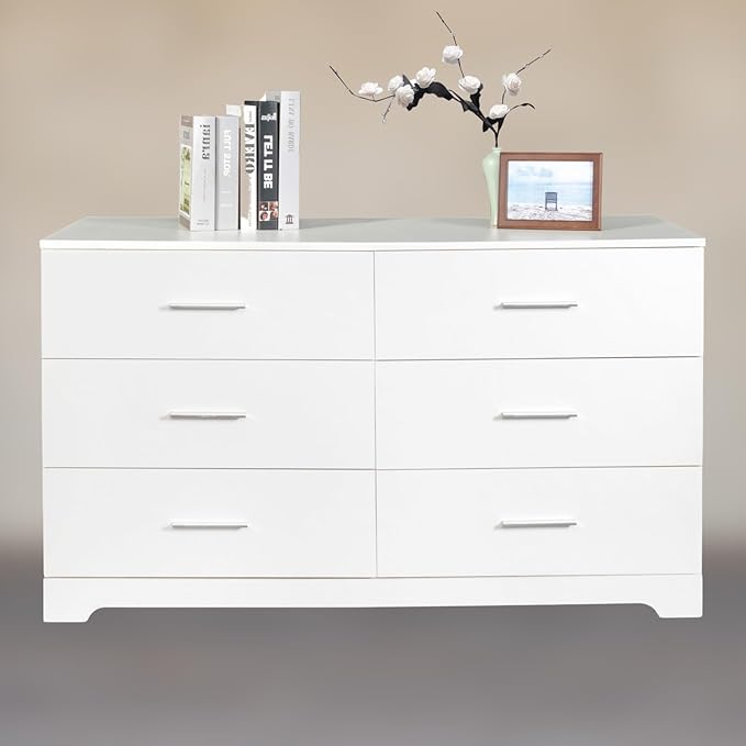 Karl home 6 Drawer Dresser, Wood White Vanity Drawer Cabinet, Bedroom Storage Cabinet TV Stand, Large Dresser Storage Chest with Deep Drawers, Bedroom Furniture