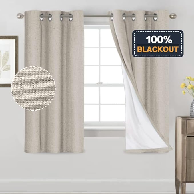 PrinceDeco Linen Texture Curtains 100% Blackout Curtains 64 inch Long 2 Panels Set Noise Reducing Window Treatment Drapes for Nursery Bedroom Thermal Insulated with White Liner,42 X 64 In, Cobblestone
