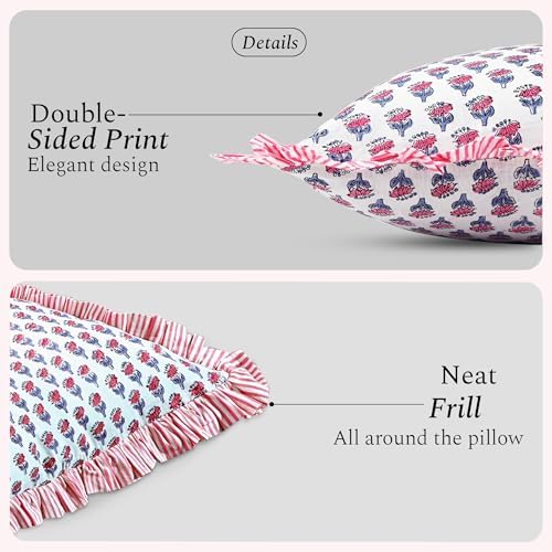 CPC Block Print Pink Sapphire Ruffle Cotton Lumbar Pillow Cover 14x36 inch - Image 2
