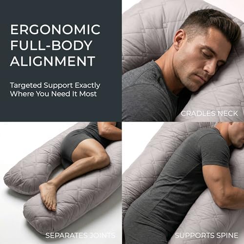 U Shaped Pillow Full Body Support Reversible Quilted 55 in Gray - Image 4