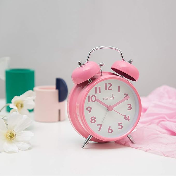 {Loud Alarm for Deep Sleepers) 4'' Twin Bell Alarm Clock with Backlight for Bedroom and Home Decoration(Pink)