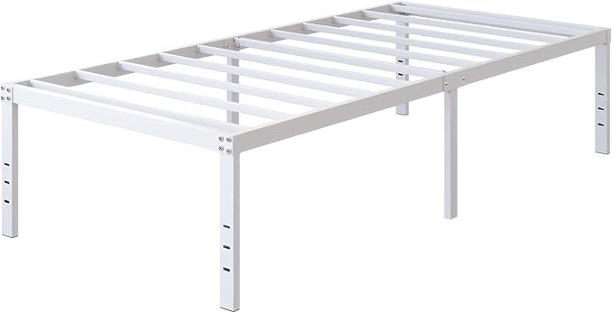 18 Inch White Twin Bed Frame Heavy Duty No Box Spring Needed Metal Platform with Maximum Storage, Easy Assembly, Noise Free