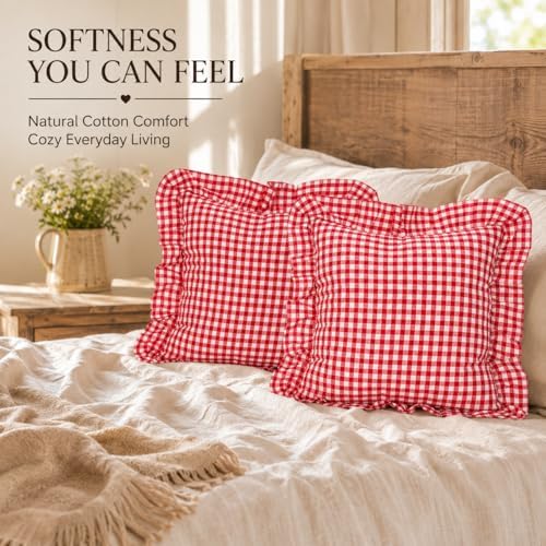 JoraLion Ruffled Throw Pillow Cover 18x18 Gingham Red - Image 2