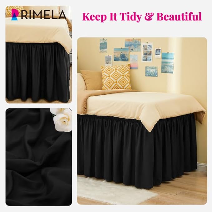 RIMELA Black Bed Skirt Twin 32 Inch Drop Silky Luxurious Fabric, Wrinkle and Fade Resistant with Adjustable Elastic Belt Easy to Install Machine Washable Dust Ruffles Bedskirt for Matress Box Spring