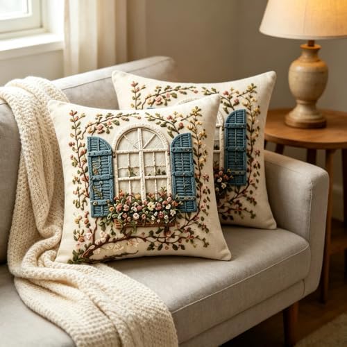 2D Flat French Arch Window Floral Linen Throw Pillow Covers 18x18 Set of 2 - Image 7