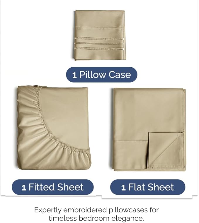 Twin XL Size 3 Piece Sheet Set - Comfy Breathable & Cooling Bed Sheets Set - Hotel Luxury Bedding for Women, Men, Kids, Teens, Boys & Girls - Deep Pockets, Ultra-Soft, Wrinkle Free - Oeko-Tex - Beige