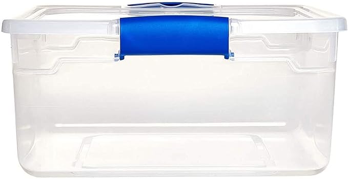 HOMZ 4-Pack 15.5 Quart Latching Lid, Clear Plastic Storage Organizer Bins, Blue – Stackable Containers for Home & Office Shelves, Kitchen, Garage, and Bathroom Organization