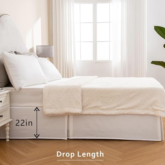 MIYE Pleated Waffle Weave Bed Skirt, Tailored Dust Ruffle 22 Inch Drop Easy Fit, Machine Washable (White, Queen - 22" Drop)