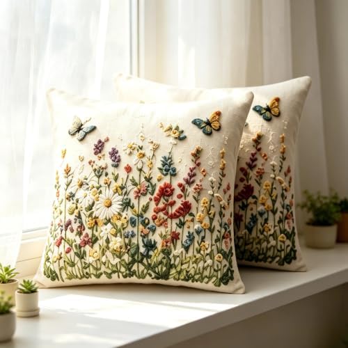 2D Flat Meadow Butterfly Linen Throw Pillow Covers 18x18 Set of 2 - Image 5