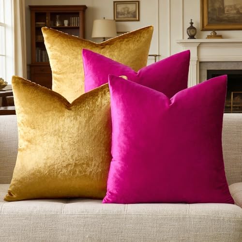 GIGIZAZA Pack of 4 Decorative Velvet Pillow Covers 16x16 Hot Pink Gold by GIGIZAZAFocusingonhomedecoration