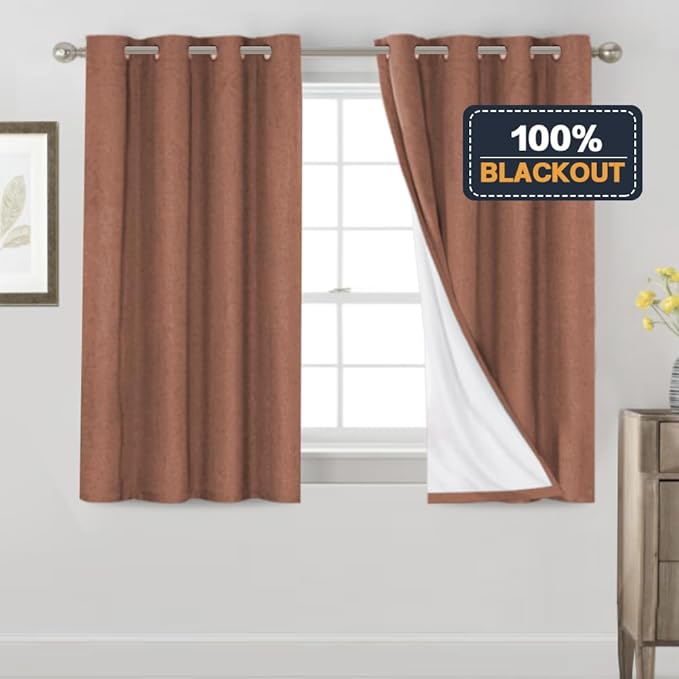 PrinceDeco Primitive Textured Linen 100% Blackout Curtains for Bedroom/Living Room Blackout Curtains 54 Inches Long, Energy Saving Window Treatment Curtains with White Liner (2 Panels, Washed Spice)