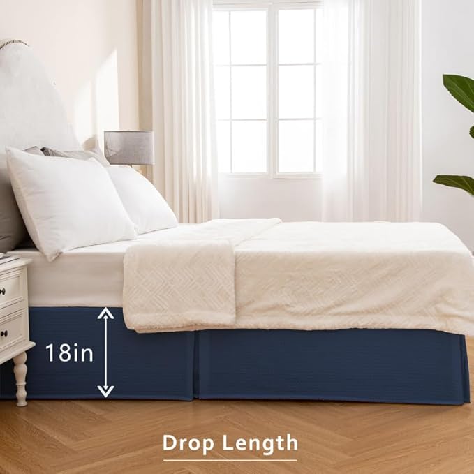 MIYE Pleated Waffle Weave Bed Skirt, Tailored Dust Ruffle 18 Inch Drop Easy Fit, Machine Washable (Navy Blue, Full - 18" Drop)