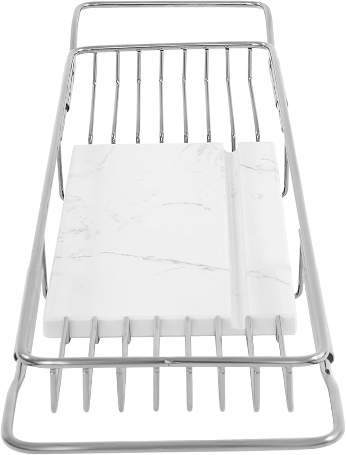 Bathtub Tray Caddy for Luxury Bath, Stainless Steel 26.8-35.4 in Expandable Extra Wide Bath Tub Tray with Natural Marble and Mobile/Tablet Stand, Ideal for Home Spa Lovers (Silver + White)