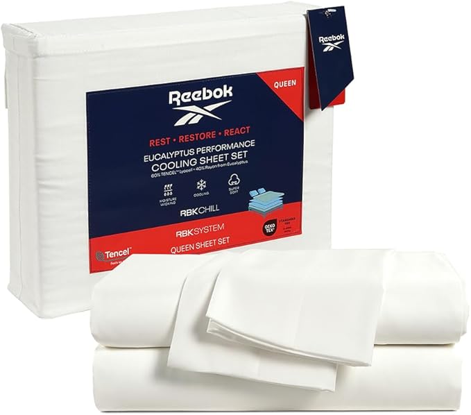 Reebok Full Size Sheet Set from Tencel™ Eucalyptus - Soft, Cooling & Breathable for Hot Sleepers, Deep Pocket Up to 17 Inches, 4Pc Hotel Luxury Bedding Set, Bedsheet & Pillowcases (White, Full)