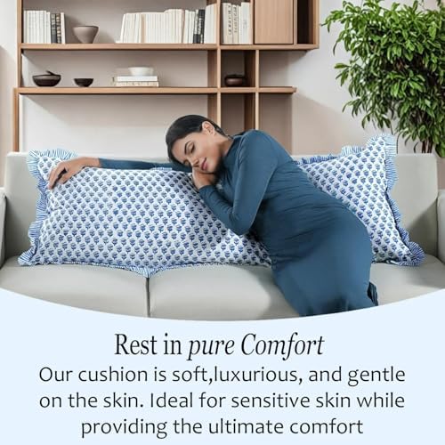 CPC Block Print Apatite Blue Ruffle Cotton Lumbar Pillow Cover 20x54 inch - Image 2