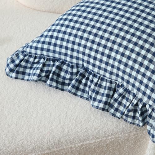 Silnuo Navy Blue/White Gingham Plaid Ruffle Throw Pillow Covers 20"x20" - Image 6