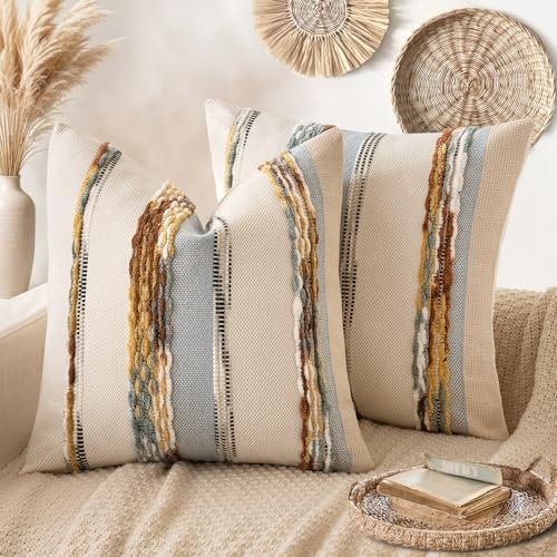ANRODUO Boho Decorative Pillow Covers 24x24 Blue-Earth Tones Pack of 2 by ANRODUO