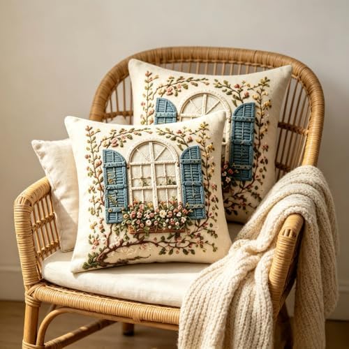 2D Flat French Arch Window Floral Linen Throw Pillow Covers 18x18 Set of 2 - Image 6