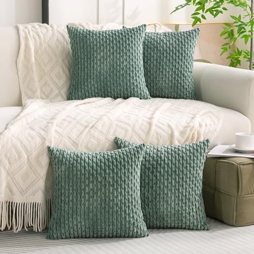 Set of 4 Teal Green Decorative Throw Pillow Covers 18x18 Inch Corduroy Pillow - Image 3