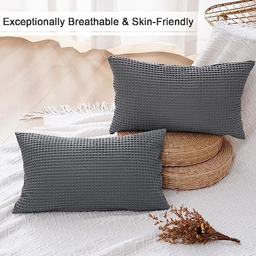 PHF Cotton Waffle Lumbar Pillow Covers 12" x 20", Charcoal Grey, No Insert - Image 5