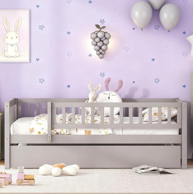 Bellemave Twin Kids Bed Frames with Rails for Kids, Twin daybed with Trundle for Boys/Girls/Adults，Gray