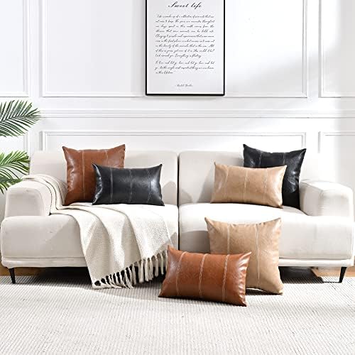 Fancy Homi Brown Boho Lumbar Faux Leather Decorative Throw Pillow Covers 12x20 - Image 7