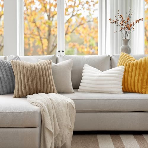 MIULEE Faux Fur Lumbar Decorative Throw Pillow Covers 12x20 Set of 2 Khaki - Image 2