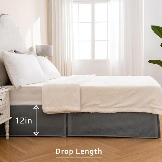 MIYE Pleated Waffle Weave Bed Skirt, Tailored Dust Ruffle 12 Inch Drop Easy Fit, Machine Washable (Dark Grey, Twin - 12" Drop)