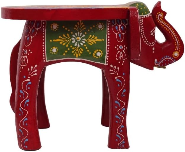 Handcrafted Wooden Elephant Stool, Hand-Painted Accent Table for Living Room, Bedroom & Office Décor (8 in)