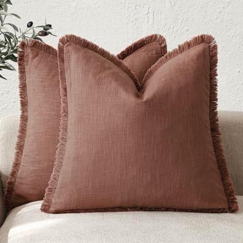 Foindtower Decorative Linen Fringe Throw Pillow Covers 20×20 Inch, Rust Red by Foindtower