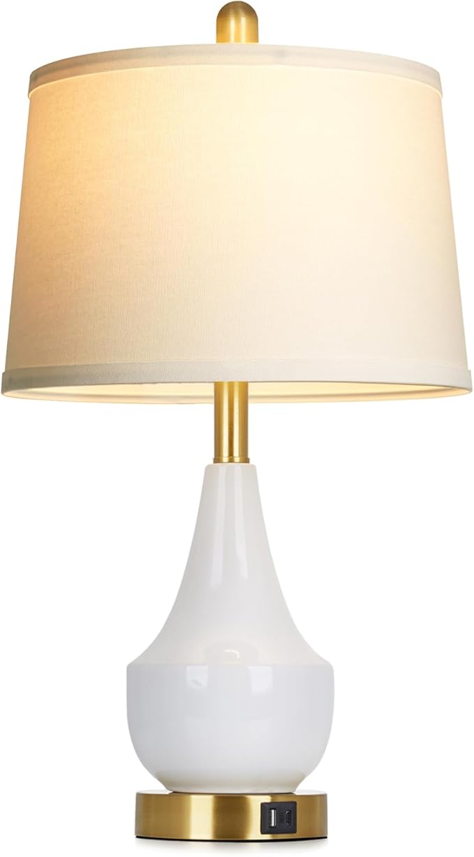 Modern White Table Lamp, 24" Ceramic Table Lamp with USB A+C Ports,Classic Beside Lamps Nightstand Lamp Modern Lamp for Living Room, Bedroom & Office -LED Bulbs Included