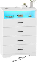 Dresser with Power Outlets and LED Lights Wooden 4 Drawer Dresser with Large Organizer Tall White Drawer for Bedroom Modern Chest of Drawers Closet for Living Room Kids Room