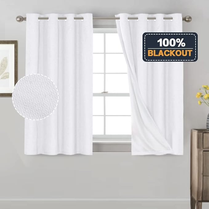 PrinceDeco 100% Blackout Linen Textured Curtains for Bedroom Solid Thermal Insulated with White Liner Room Darkening Burlap Grommet Textured Curtains for Livng Room,52" W x 54" L,Pure White