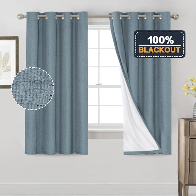 PrinceDeco Blackout Curtains 63 Inch Length Stone Blue Short Blackout Curtains for Bedroom Living Room Anti-Rust Grommet Thermal Insulated with White Liner, 52" W x 63" L, 2 Panels Set