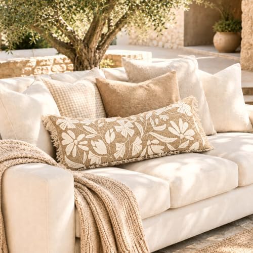 BlissBlush Long Lumbar Pillow Cover 14x36 Indoor Outdoor, Jute Inspired Floral - Image 5