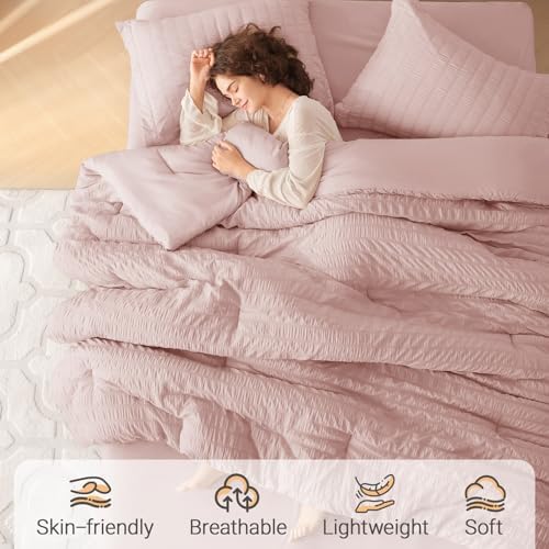 MUXHOMO 7 Pieces Oversized King Comforter Set, Seersucker Bed in a Bag - Image 2