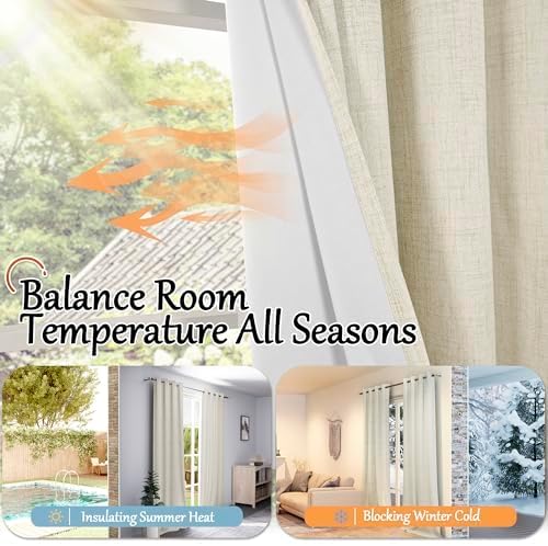 Short Blackout Curtains 45 Inch Length 2 Panels, Thermal Insulated Total Light Blocking Linen Window Curtains for Farmhouse Bedroom Basement, Bronze Grommet, Natural, Each 52" Wide