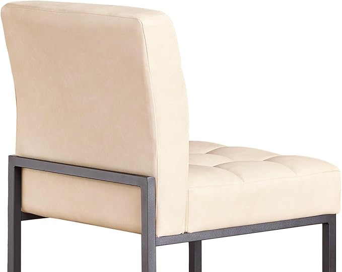 Beige Faux Leather Dining Chairs Set of 4, Mid-Century Modern Dining Room Chairs with Armless, Checkered Kitchen Chair with Metal Legs