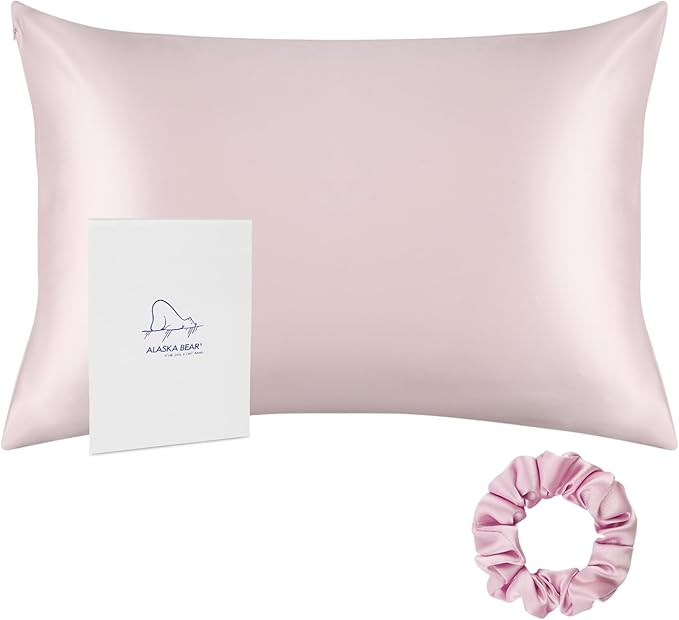ALASKA BEAR Silk Pillowcase 200% Good Looks on You for Hair and Skin Care Soft Pillow Case with Random Color Scrunchie Gift Set Queen (1pc, Pale Pink)