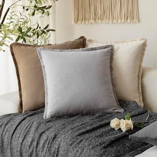 Foindtower Decorative Linen Fringe Throw Pillow Covers 24×24 Light Gray - Image 5