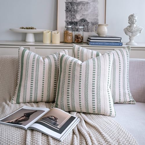 Cethom Sage Green Boho Throw Pillow Covers 20x20 Inch Set of 2, Stripe Textured - Image 6
