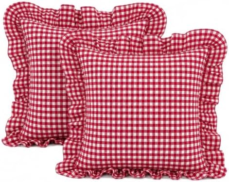 Gingham Throw Pillow Covers 18x18, Ruffle Trim by Jilboo