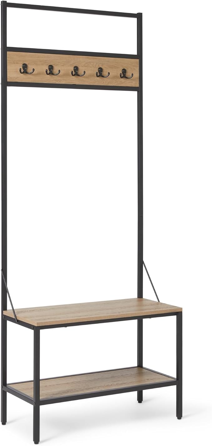 Amazon Basics Entry Bench with Hooks, Hall Tree with Shoe Storage Bench, Steel Frame, Oak Finish