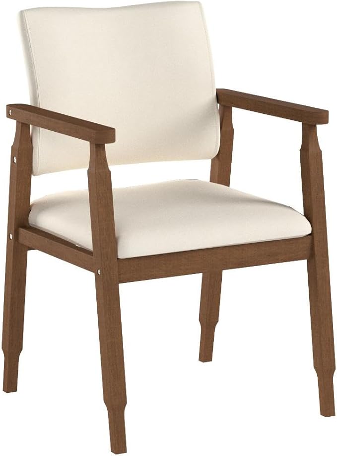 thksbought Mid Century Modern Walnut Dining Chairs Wood Arm Beige Fabric Kitchen Cafe Living Room Decor Furniture
