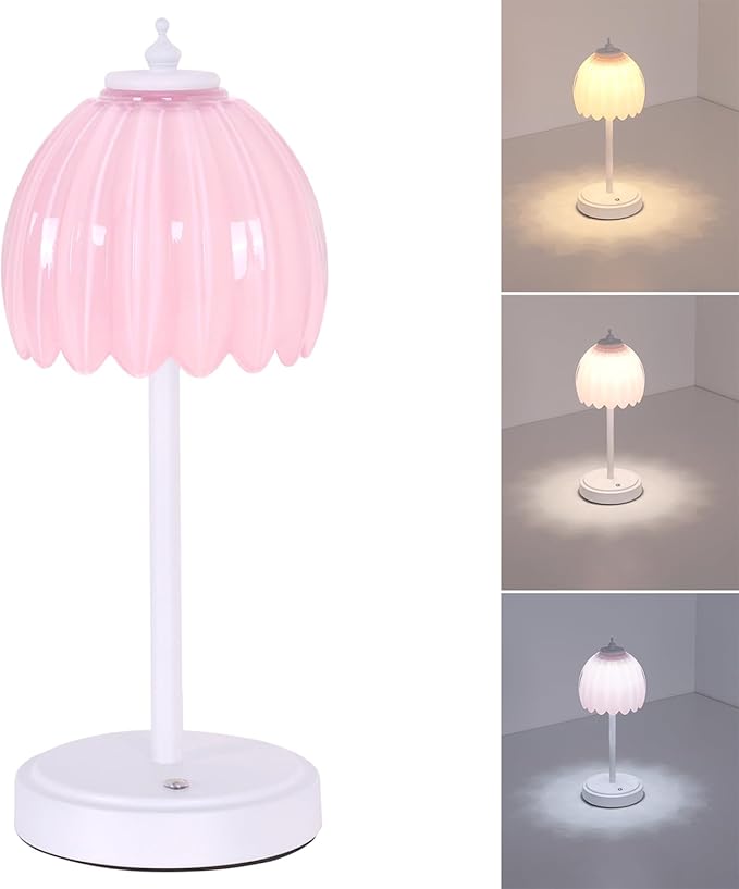 Tulip Table Lamp with 5200mAh Battery & Touch Control, Cordless Small Table Lamp with 3 Colors, Dimmable Rechargeable Table Lamps for Living Room, Bedroom, Desk, Bedside (Creamy Pink Tulip)