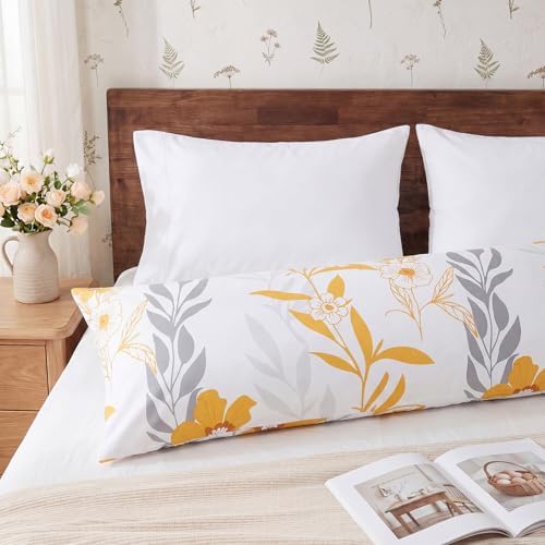 Bedorm Cotton Body Pillow Cover 20 x 54 Pillow Case Yellow Floral Botanical - Image 4