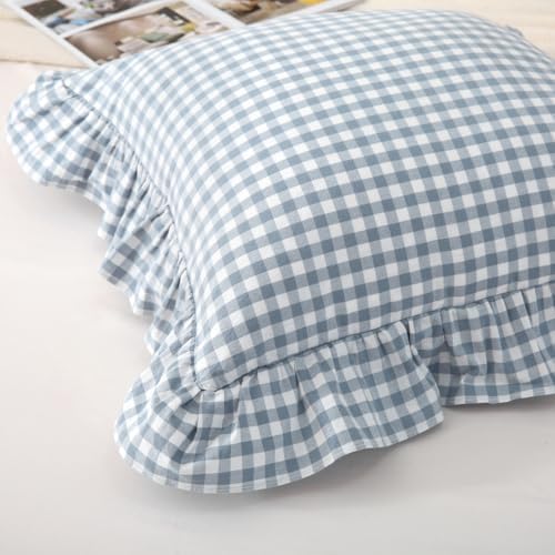 Silnuo 2 Pack Blue/White Plaid Gingham Ruffle Throw Pillow Covers 18"x18" - Image 3