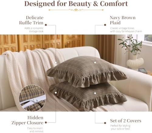 Gingham Throw Pillow Covers 18x18, Ruffle Trim - Image 4