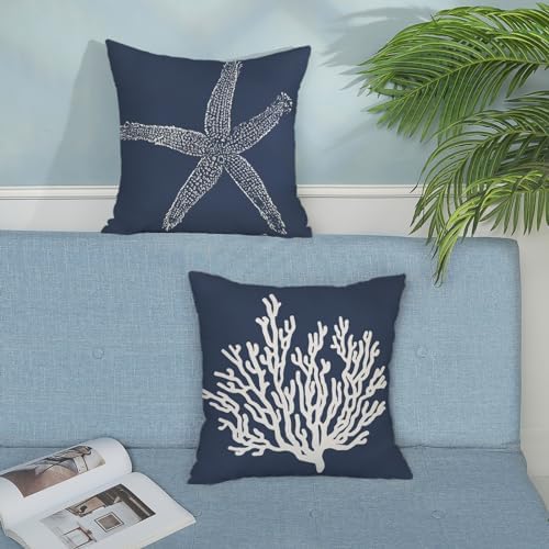 Blue Starfish Pillow Covers 18x18 Inch Set of 2, Nautical Ocean Coastal Blue - Image 3